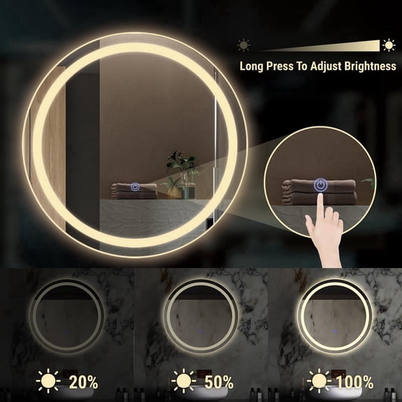 18 Inch LED Round Bathroom Mirror with Lights, 3 Color Modes Adjustable Brightness, Touch Operated Shatter-Proof Wall Mount Vanity Mirror