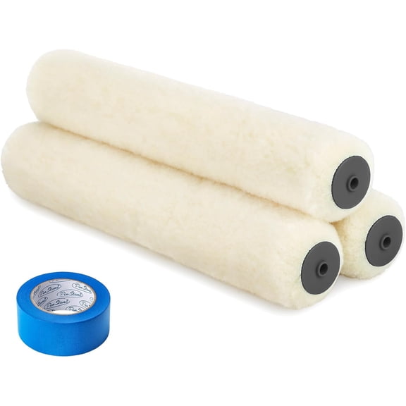 18 Inch Lambswool Paint Roller Covers, 3pcs 3/4" Nap Lambs'wool Rollers with A Pro Painters Tape, 18" High Capacity Lambs Wool Cover Refills for Textured Rough Surfaces, All Paints & Stains