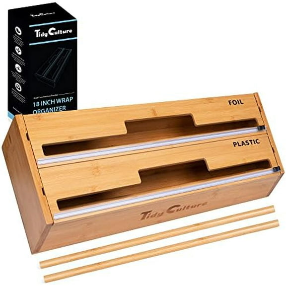 18 Inch Large Foil Wrap Dispenser: 2 in 1 Cutter, Bamboo Saran Storage Roll Holder Home Decor