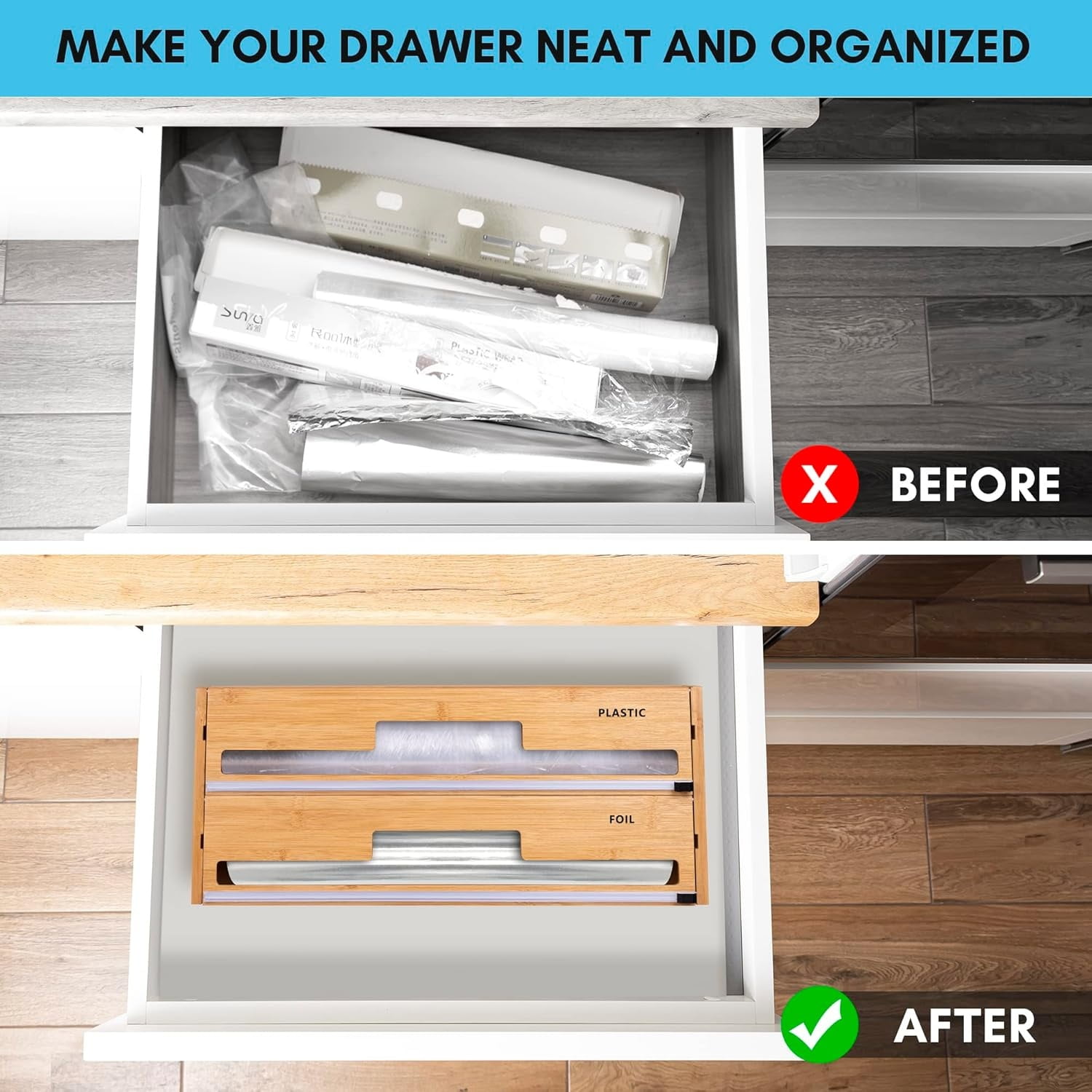18 Inch Large Foil Wrap Dispenser with Cutter, 2 in 1 Aluminum Butcher Parchment Paper Freezer Tin Wax Cling Foil Plastic Wrap Organizer for Kitchen Drawer Bamboo Storage Roll Holder