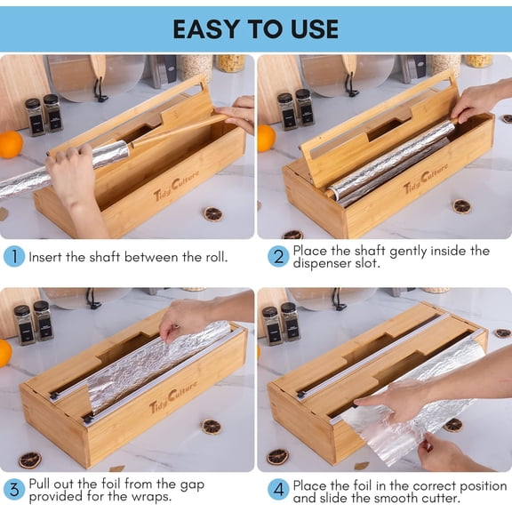 18 Inch Large Foil Wrap Dispenser with Cutter, 2 in 1 Aluminum Butcher Parchment Paper Freezer Tin Wax Cling Foil Plastic Wrap Organizer for Kitchen Drawer Bamboo Saran Storage Roll Holder