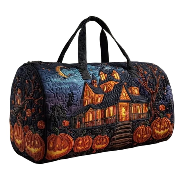 18 Inch Large Quilted Barrel Duffle Bag for Women, Halloween Haunted House Bat Moon Spider‑Web Print, Water Resistant Overnight Travel Gym Bag