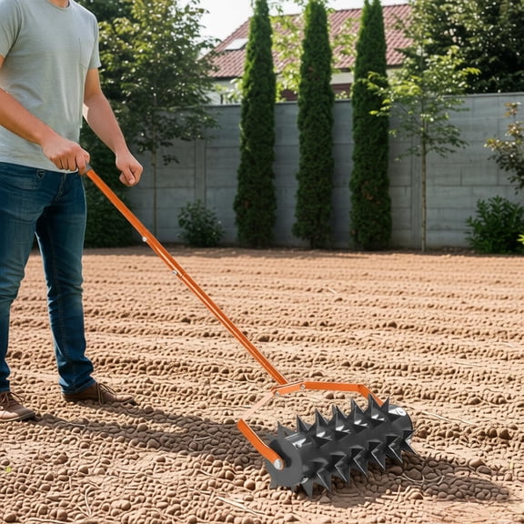 18 Inch Lawn Aerator Heavy Duty Rolling Aerator Tool Manual Push Aerator with Double Spikes Fillable Drum Galvanized Steel for Lawn Care Garden Grass Soil Aeration Yard Maintenance Compact Design