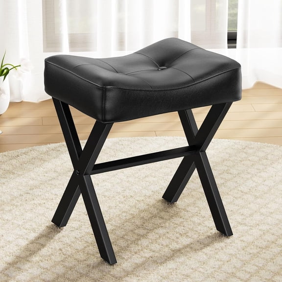 18-Inch Leather Vanity Stool Chair, Black | Vanity Bench, Metal X-Leg, Ottoman Accent Stool, Thick Padded Saddle Seat, 300 LBS, 16.3"x12.4"x18", For Living Room, Bedroom