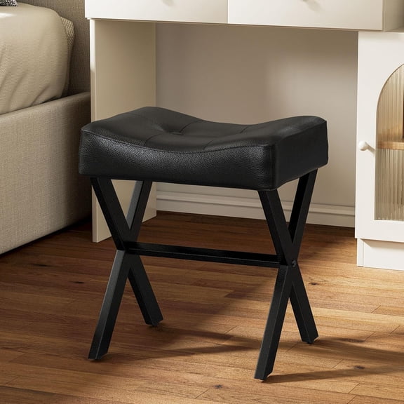 18-Inch Leather Vanity Stool Chair, Vanity Bench with Metal X-Leg, Ottoman Accent Stool with Thick Padded Saddle Seat, Black