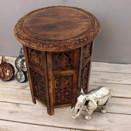 The Urban Port Wooden Hand Carved Folding Accent Coffee Table, Brown