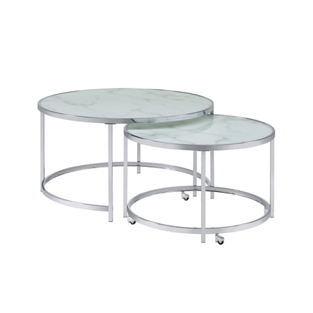 18 Inch Marbled Glass Nesting Accent Tables Round Top Metal Set of 2 - Saltoro Sherpi