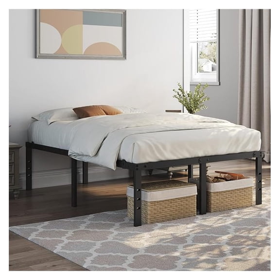 18 Inch Metal Platform Full Size Bed Frame with Sturdy Slat Support& Holes for DIY Headboard/Easy Assembly/Storage Space/No Box Spring Needed, Black