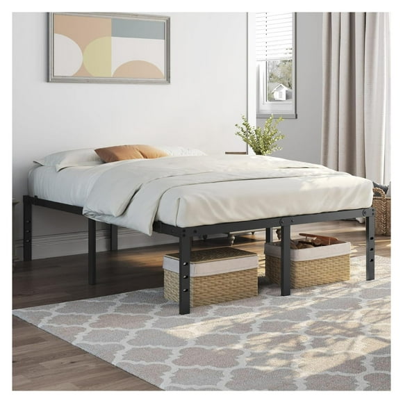 18-Inch Metal Platform Queen Bed Frame with Slat Support, No Box Spring Needed, Easy Assembly & Underbed Storage, Black