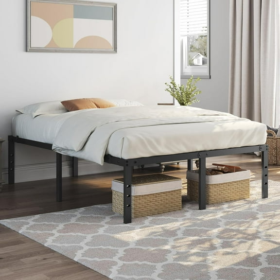 18 Inch Metal Platform Queen Size Bed Frame with Sturdy Slat Support&Reserved Holes for DIY Headboard/Easy Assembly/Storage Space/No Box Spring Needed, Black