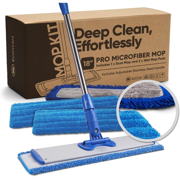 18 Inch Microfiber Hardwood Floor Mop Kit with Telescoping Handle and 3 Washable Pads