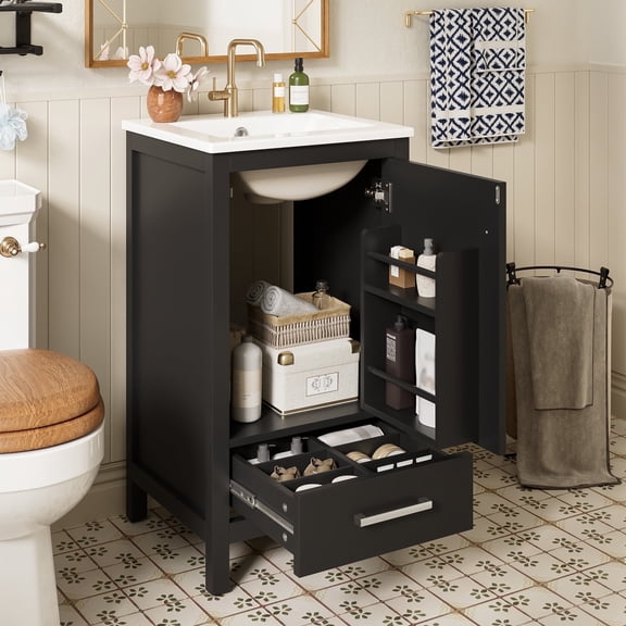 DTTRA 18" Modern Bathroom Vanity with Ceramic Sink, Adjustable Foot Pads, Divider Drawer and Soft-Close Door, Black