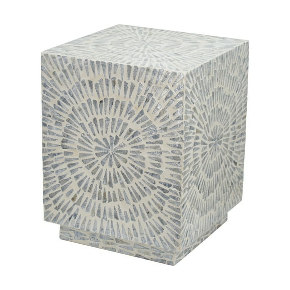 18 Inch Modern Capiz Accent Table Stool, Square, Gray Starburst Pattern- Saltoro Sherpi