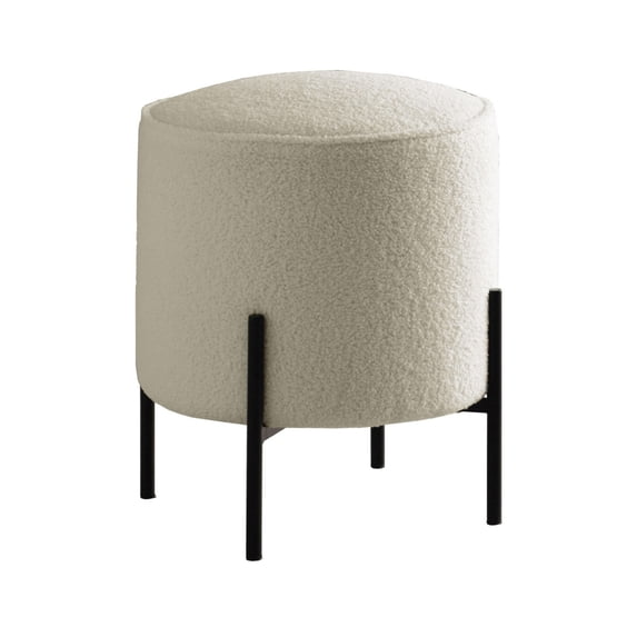 18 Inch Modern Foam Ottoman Beige Faux Sheep Skin Matte Black Metal Legs - Saltoro Sherpi