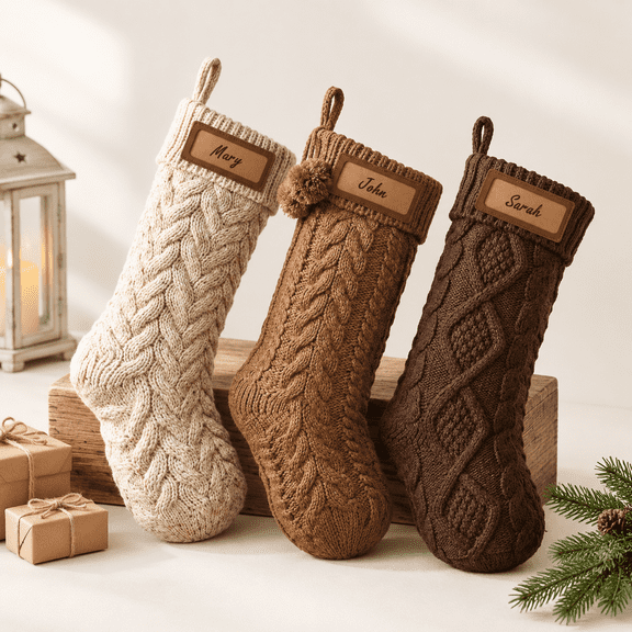 18 Inch Neutral Cable Knit Christmas Stockings 3 Pack Earth Tone Rustic Holiday Decor