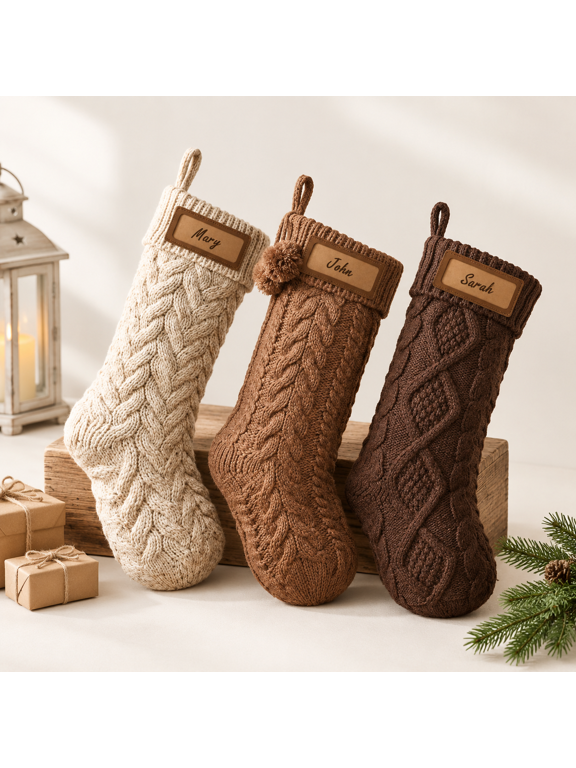 18 Inch Neutral Cable Knit Christmas Stockings 3 Pack Earth Tone Rustic Holiday Decor