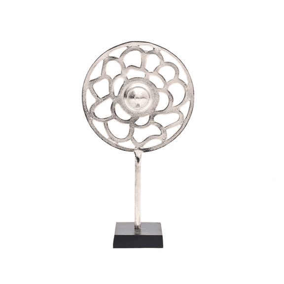 18 Inch Nickel Aluminum Bloom Sculpture with Black Base, Modern Geometric Tabletop Decor