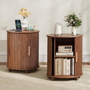 18 Inch Nightstands Set of 2, Fluted Round Wood Nightstand with Charging Station, Small End Table for Living Room, Sliding Door Round Side Table with Storage for Bedrrom 18 inch, Walnut