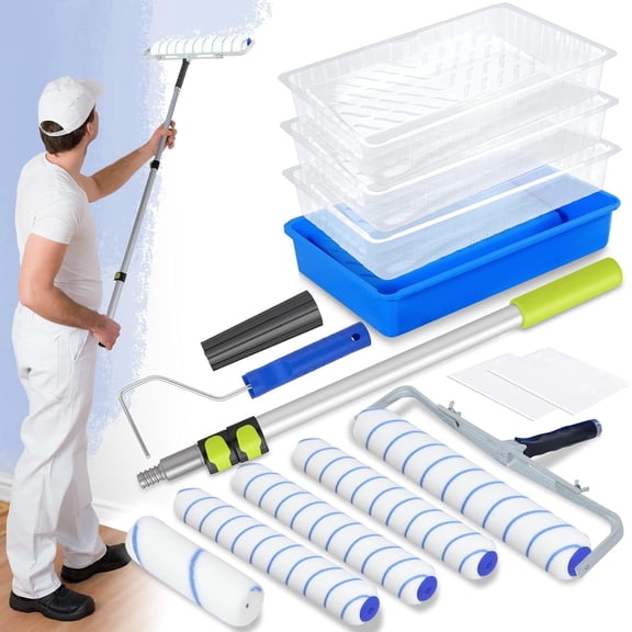 18 Inch Paint Roller Kit, 14 Pack Paint Roller Set with 2-4 Ft Extension Pole, Paint Tray Liners with Plastic Sheeting for Painting Walls Ceilings House Corner Stain
