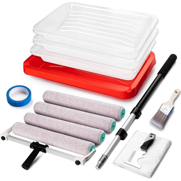 18 Inch Paint Roller Kit with 4FT Extension Pole, 14 Piece Paint Set for Large Walls and Ceilings, Heavy-Duty Tray with 3 Liners, Low-Lint Microfiber Covers, Brush, Tape and Drop Cloth