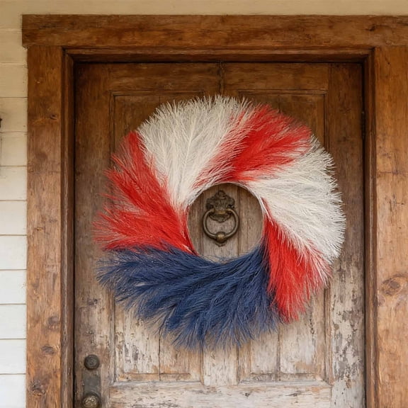 18 Inch Patriotic Wreath, Red White Blue Feather Wreath Decor, Indoor Outdoor Hanging Wreath, Memorial Day Accent for Home Wall Door July 4th Party