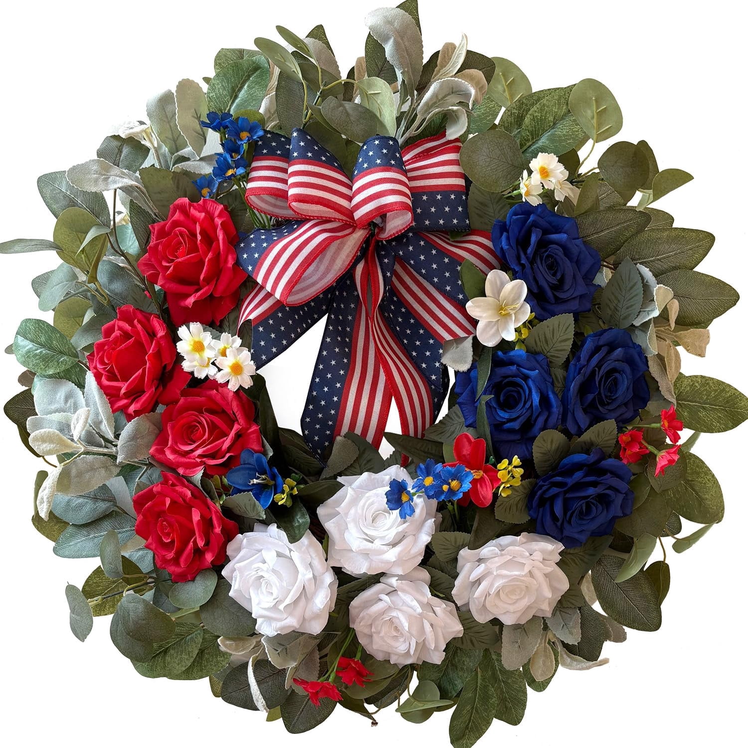 18 Inch Patriotic Wreath Red White Blue Rose, 4th of July Wreath for ...