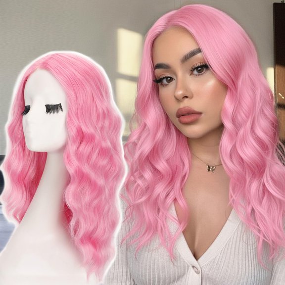 18 Inch Pink Medium Length Wave Curly Synthetic Wig