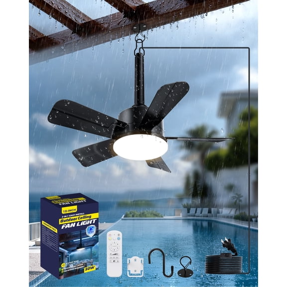 18 Inch Black Outdoor Hanging Ceiling Fan with Light and Remote Control for Gazebo Patio Porch Pergola, Plug in IP65 Waterproof 6 Speed 3CCT