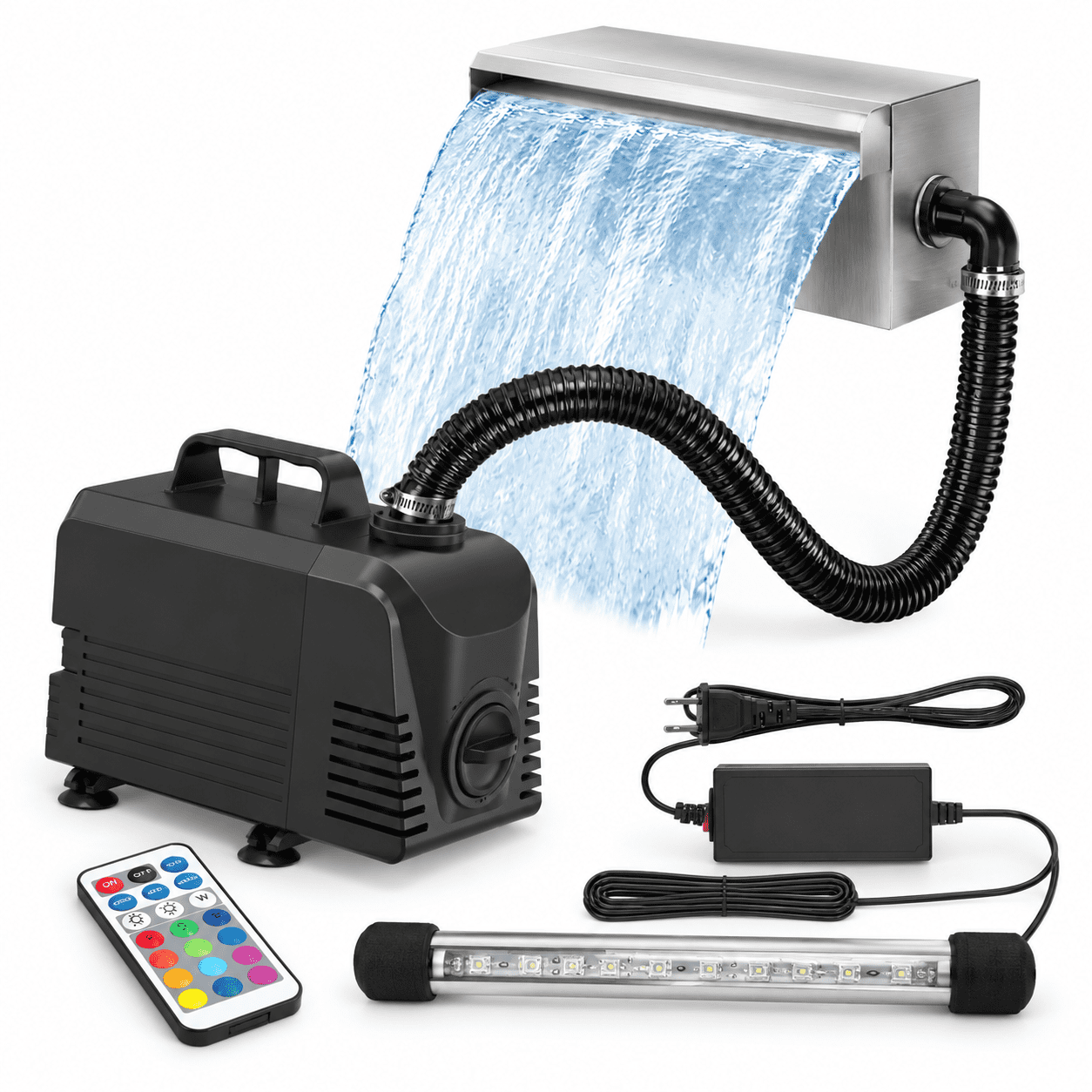Waterfall Containers 18 Inch Pond Waterfall Kit with LED Lights Stainless Steel Spillway ...