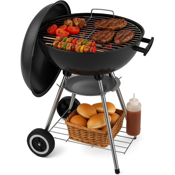 18 Inch Portable Charcoal Grill Heavy-Duty Round BBQ Grill with Thickened Grilling Bowl, Sturdy with 4 Legs & Wheels for Small Outdoor Barbecue, Camping, Travel, Tailgating & Backyard Cooking