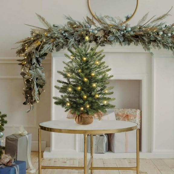 18-Inch Pre-Lit Artificial Christmas Tree with Warm White LED Lights | Realistic Green Pine Design | Battery Operated with Remote & Timer | Includes Woven Basket Base | Tabletop Holiday Decor