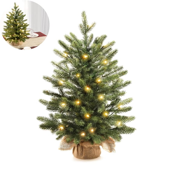 18 Inch Pre‑Lit Artificial Small Christmas Tree,Encrypted Flame Retardant Green Tabletop Xmas Tree with Burlap Base,Warm White LED Lights Remote Timer for Indoor Mantel Shelf Home Holiday Decorations