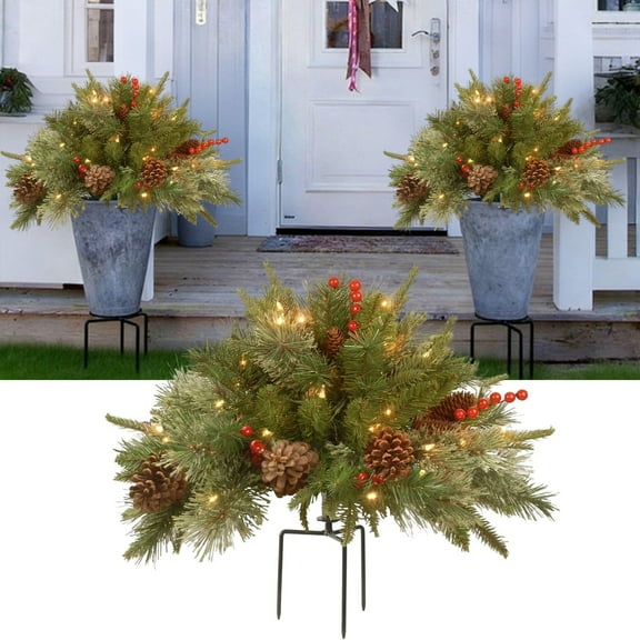 18 Inch Prelit Artificial Christmas Tree with Warm White LED Lights Frosted Urn Filler Outdoor Decor with Pine Cones and Red Berries Small Xmas Tree for Front Porch Planter Pots Holiday Decoration