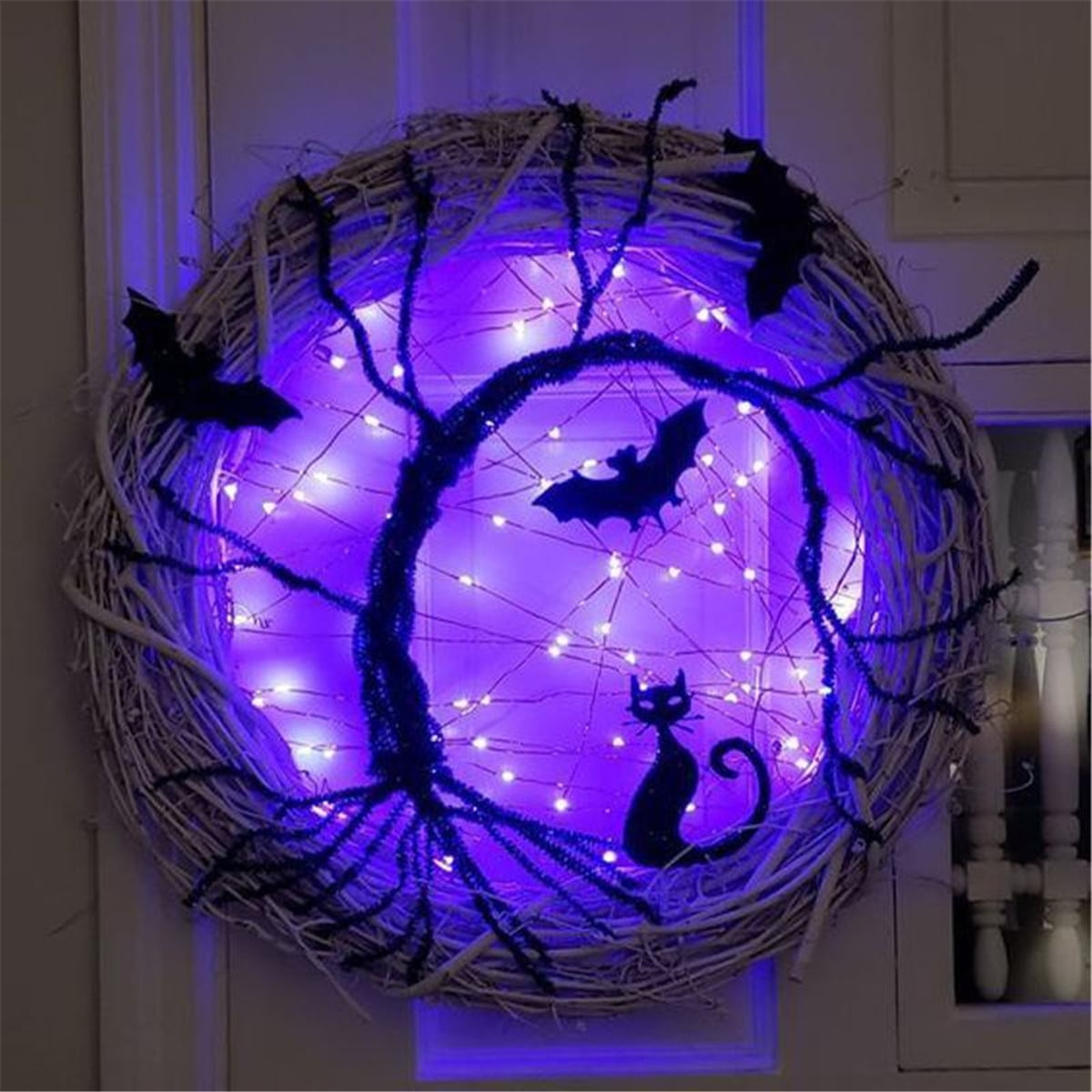 18 Inch Prelit Halloween Bat Wreath with 20 LED Purple Lights for Front Door Halloween Wreath Decorations Spooky Glitter Wreath Battery Operated Halloween Decor Home Party Wall Indoor Outdoor Decor