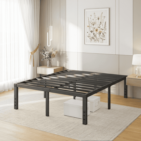 Homzene 18"Queen Bed Frame, Metal Platform Bed Frame with Heavy Duty Support Slats, No Box Spring Needed, Black