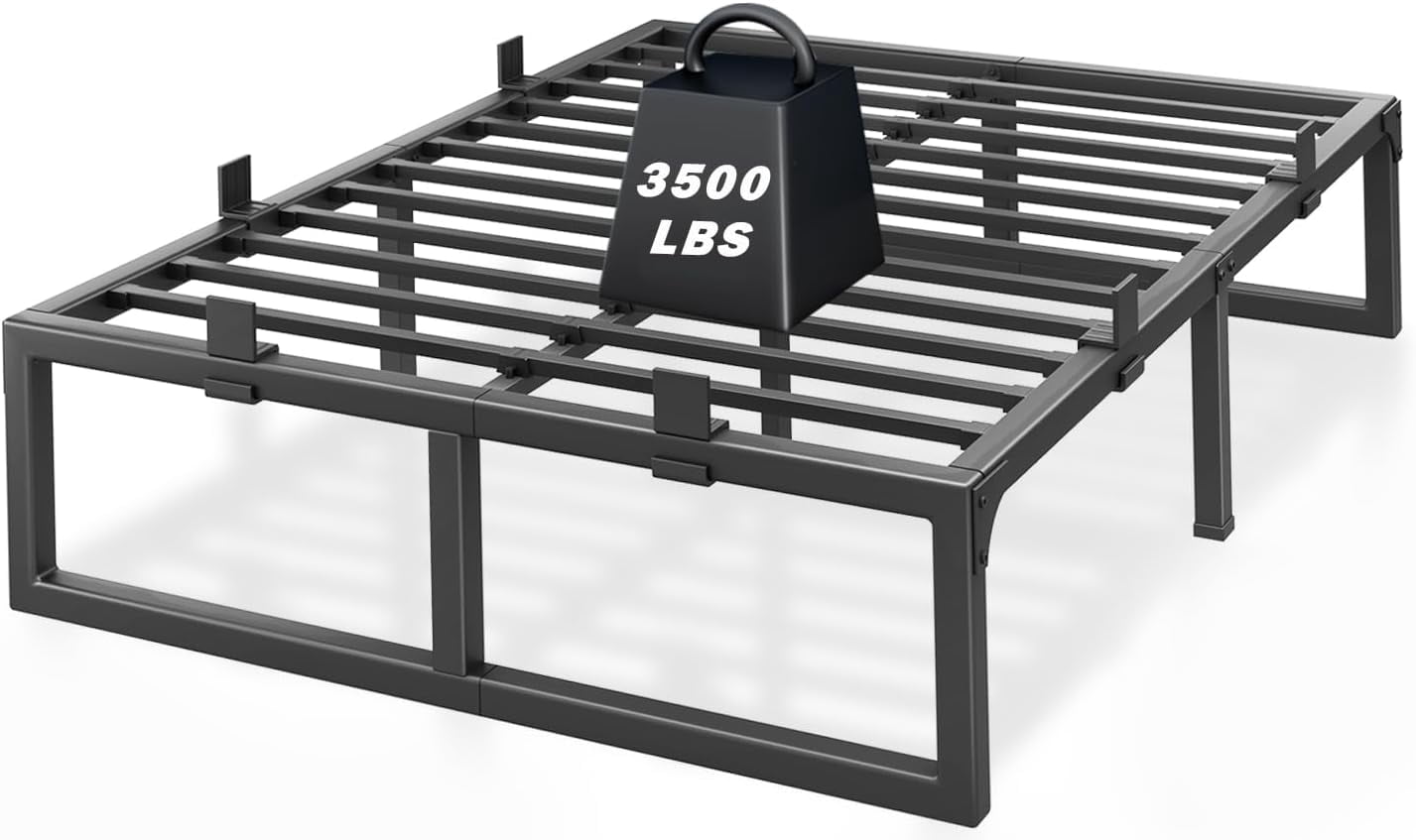 18-Inch Queen Size Metal Platform Bed Frame with Squeak-Free U-Slot Design, 3500 lbs Capacity, Under Bed Storage, Black