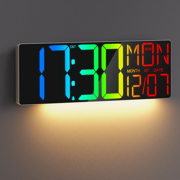 18 Inch RGB LED Digital Wall Clock with Remote Control, 10 Brightness Levels, Timer Temp Alarm Night Light, Holiday Gift for Halloween Thanksgiving Christmas