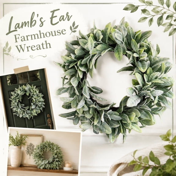 18 Inch Rabbit Ear Lambs Ear Faux Wreath, Farmhouse Decor, Porch Decor, Fake Greenery, Summer Wreath, No Watering No Trimming Required Foliage Stays Vibrantly Green Through Entire