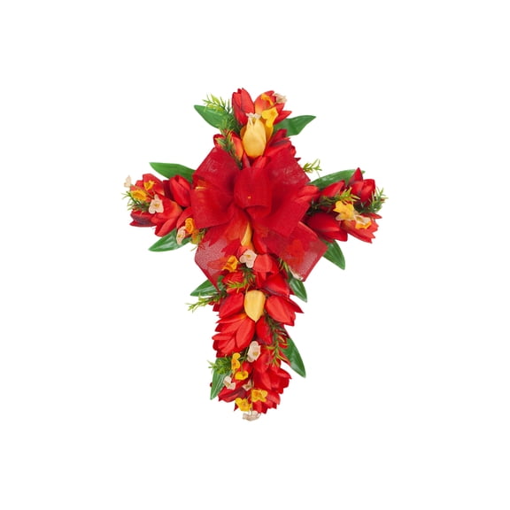 18 Inch Red Tulip Cross Easter Silk Flowers Front Door & Wall Hanging Decor - Featuring Bowknot Design Easter Themed Decorative Ornament - For Home Easter Decoration Front Door