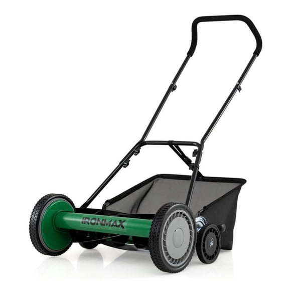 18 Inch Reel Mower, 5-Blade Manual Walk Behind Lawn Mower with Grass Catcher, 4-Height Adjustable Push Mower for Small Yards - Green