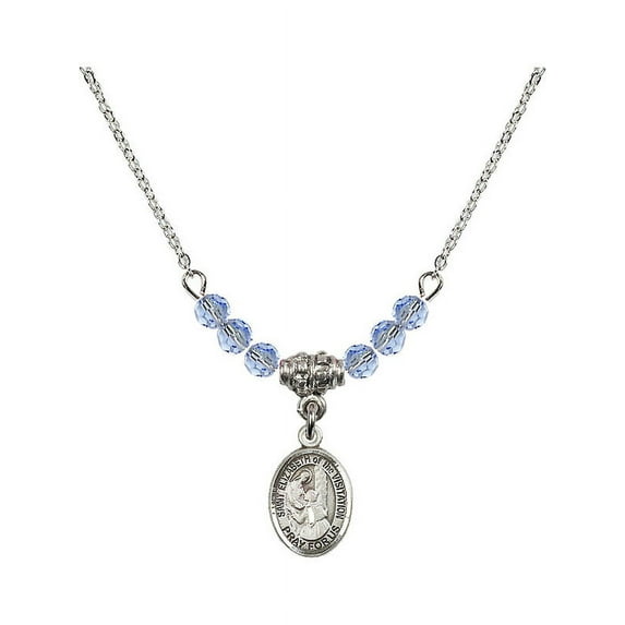 18-Inch Rhodium Plated Necklace w/ 4mm Light Blue September Birth Month Stone Beads & Saint Elizabeth of the Visitation Charm