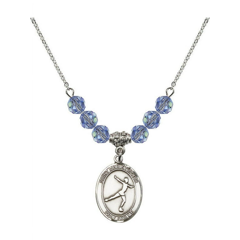 18-Inch Rhodium Plated Necklace w/ 6mm Light Blue September Birth Month  Stone Beads & Saint Christopher/Figure Skating Charm
