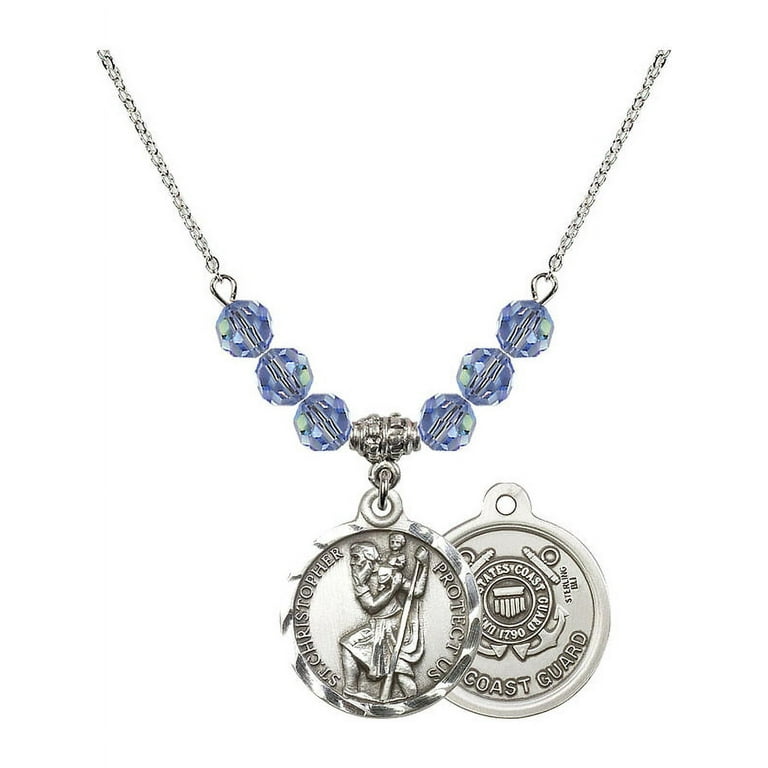 18-Inch Rhodium Plated Necklace w/ 6mm Light Blue September Birth Month  Stone Beads and Saint Christopher / Coast Guard Charm