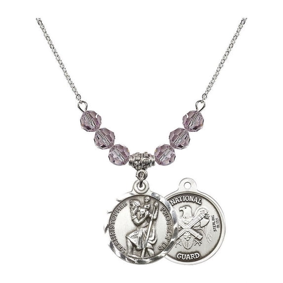18-Inch Rhodium Plated Necklace w/ 6mm Light Purple February Birth Month Stone Beads & Saint Christopher / Nat'l Guard Charm