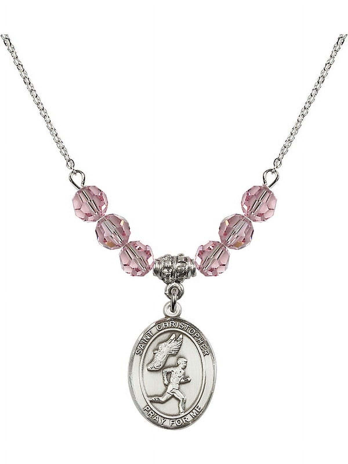 18-Inch Rhodium Plated Necklace w/ 6mm Light Rose Pink October Birth Month Stone Beads & Saint Christopher/Track&Field-Men