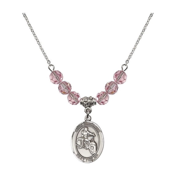 18-Inch Rhodium Plated Necklace w/ 6mm Light Rose Pink October Birth Month Stone Beads and Saint Sebastian / Motorcycle Charm