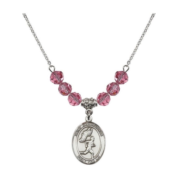 18-Inch Rhodium Plated Necklace w/ 6mm Rose Pink October Birth Month Stone Beads and Saint Christopher/Track&Field-Men Charm