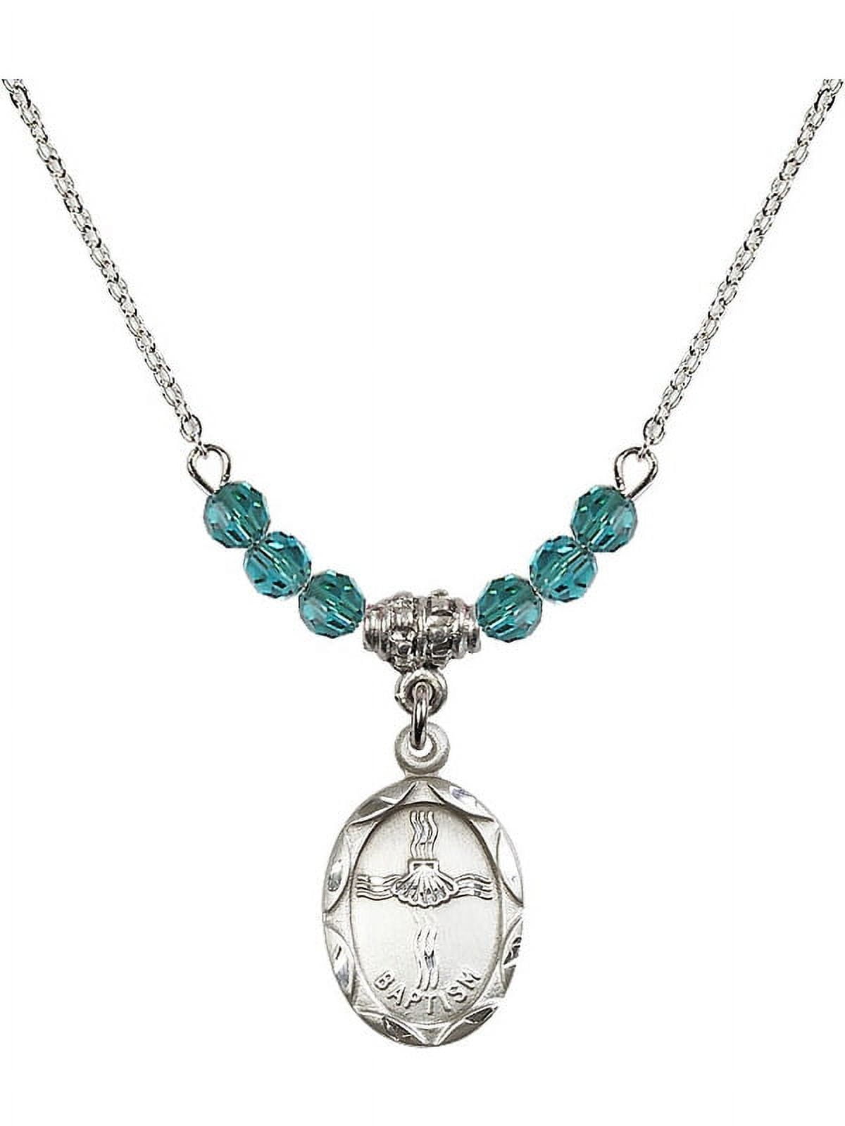 18-Inch Rhodium Plated Necklace with 4mm Blue December Birth Month Stone Beads and Baptism Charm