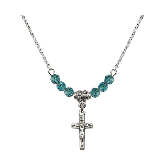 18-Inch Rhodium Plated Necklace with 4mm Blue December Birth Month Stone Beads and Crucifix Charm
