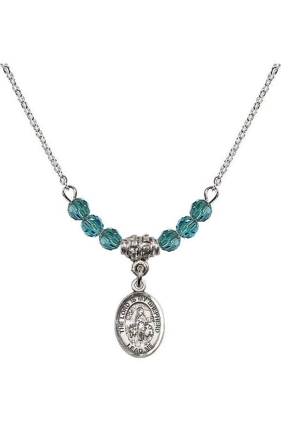 18-Inch Rhodium Plated Necklace with 4mm Blue December Birth Month Stone Beads and Lord Is My Shepherd Charm